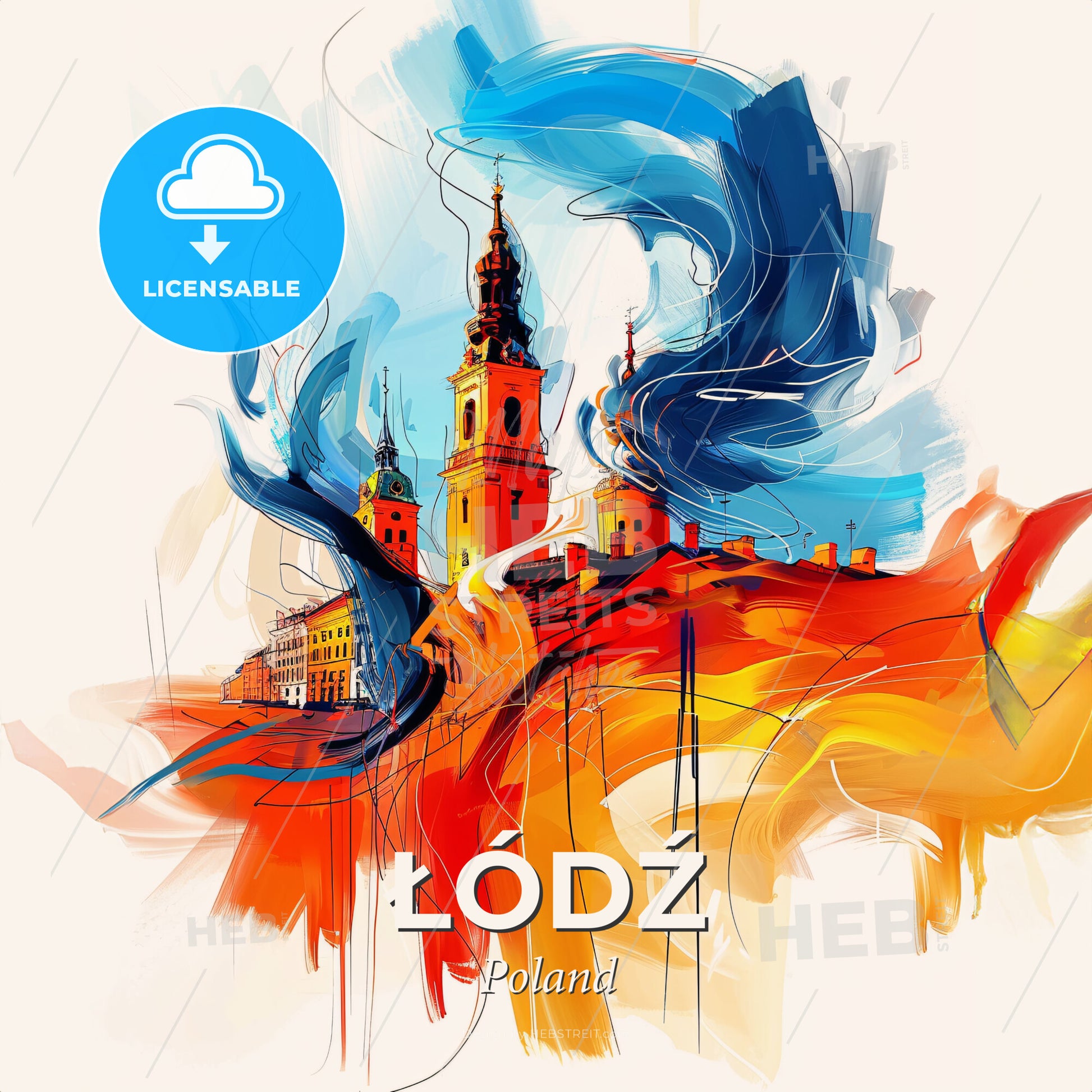 Vibrant Łódź, Poland - A Painting Of A Building With A Tower And A Colorful Background - Square format print template
