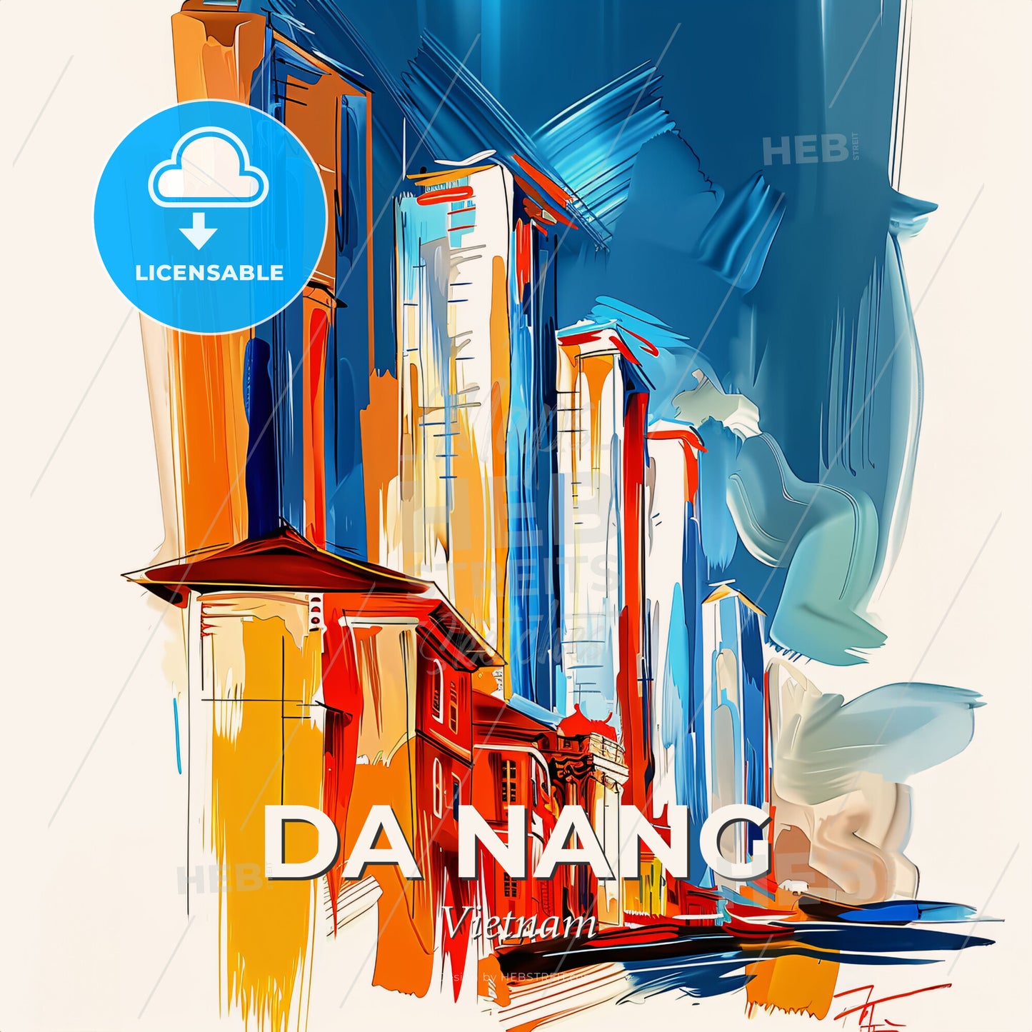 Vibrant Da Nang, Vietnam - A Painting Of Buildings In A City - Square format print template