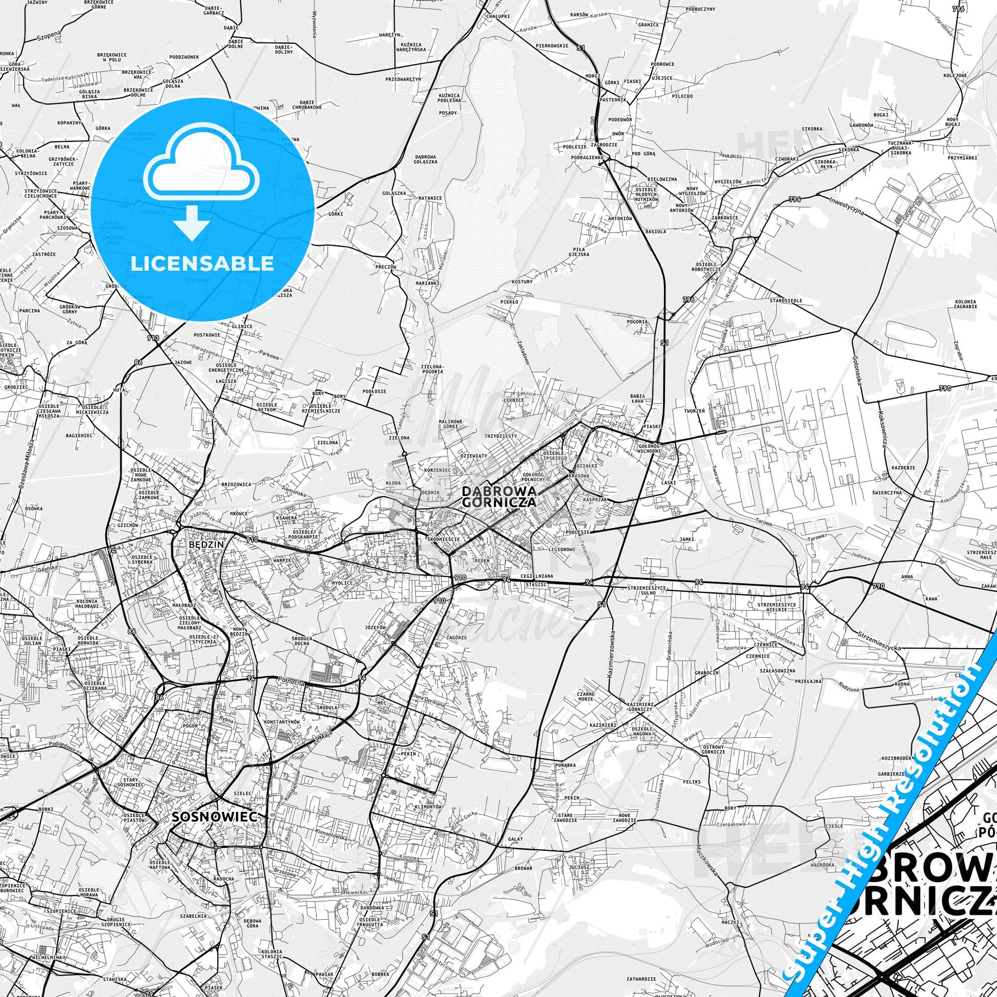 Dąbrowa Górnicza, Poland light map with streetnames, citynames and districts