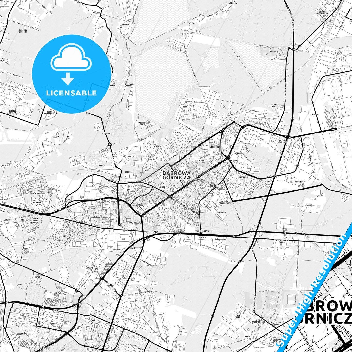 Dąbrowa Górnicza, Poland Light Map with Street Names, City Names, and Districts