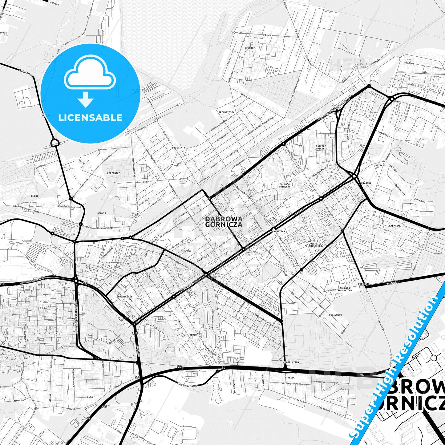 Dąbrowa Górnicza, Poland Light Map with Street Names, City Names, and Districts
