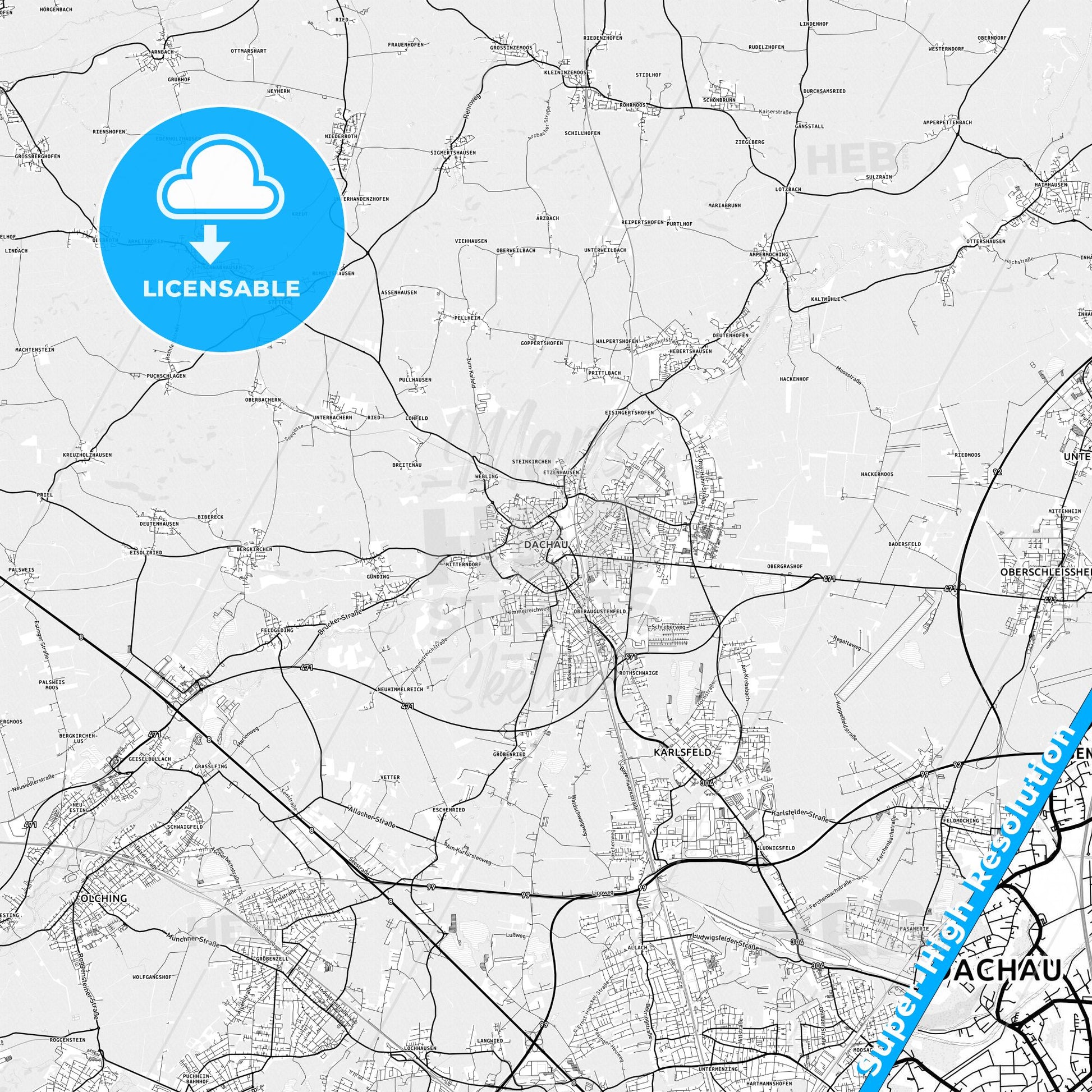 Dachau, Germany light map with streetnames, citynames and districts