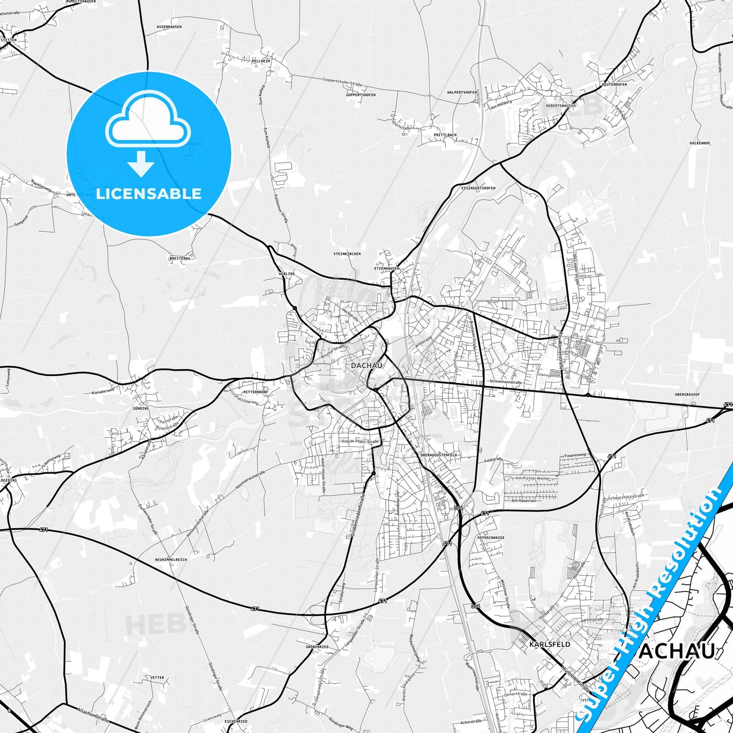 Dachau, Germany Light Map with Street Names, City Names, and Districts
