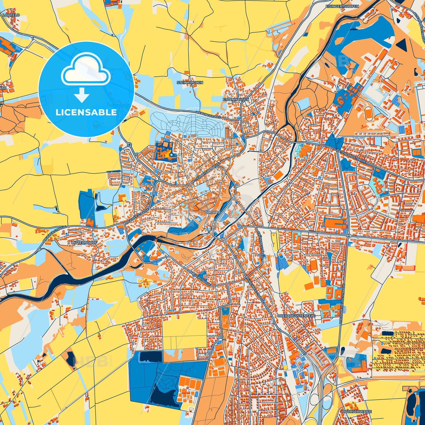 Colorful Dachau Street Map with Labels and Buildings