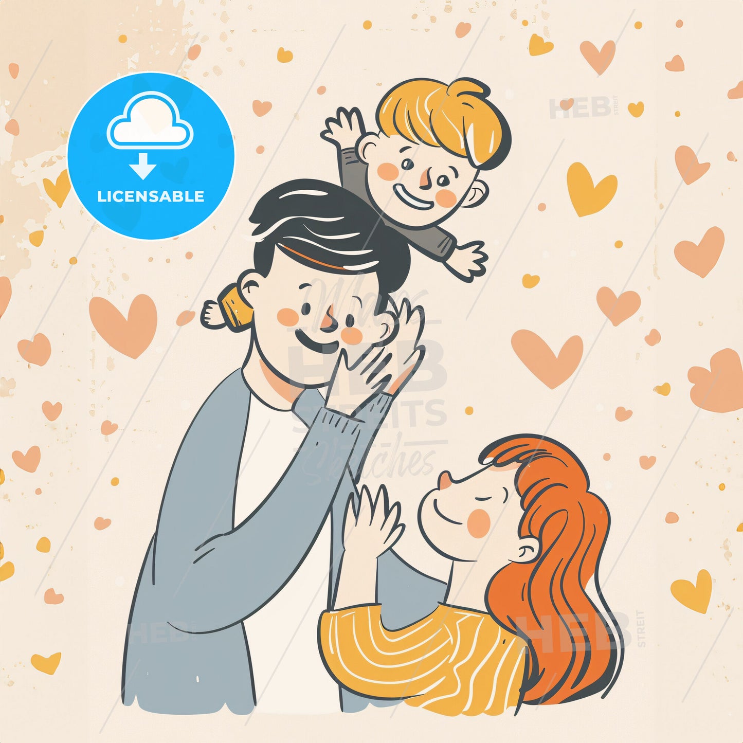 Dad Has Lifted His New Born High In The Air With His Arms - A Cartoon Of A Man And A Woman With A Child On His Head