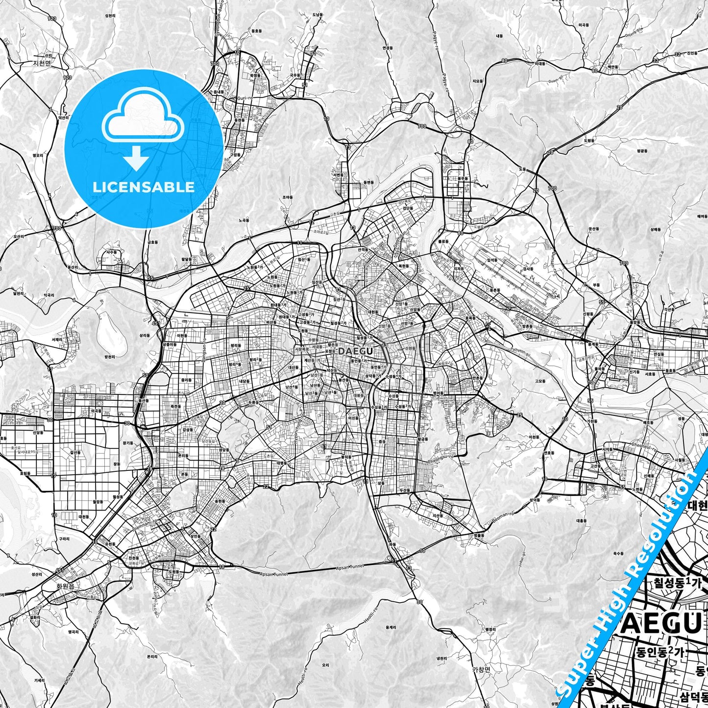 Daegu, South Korea light map with streetnames, citynames and districts