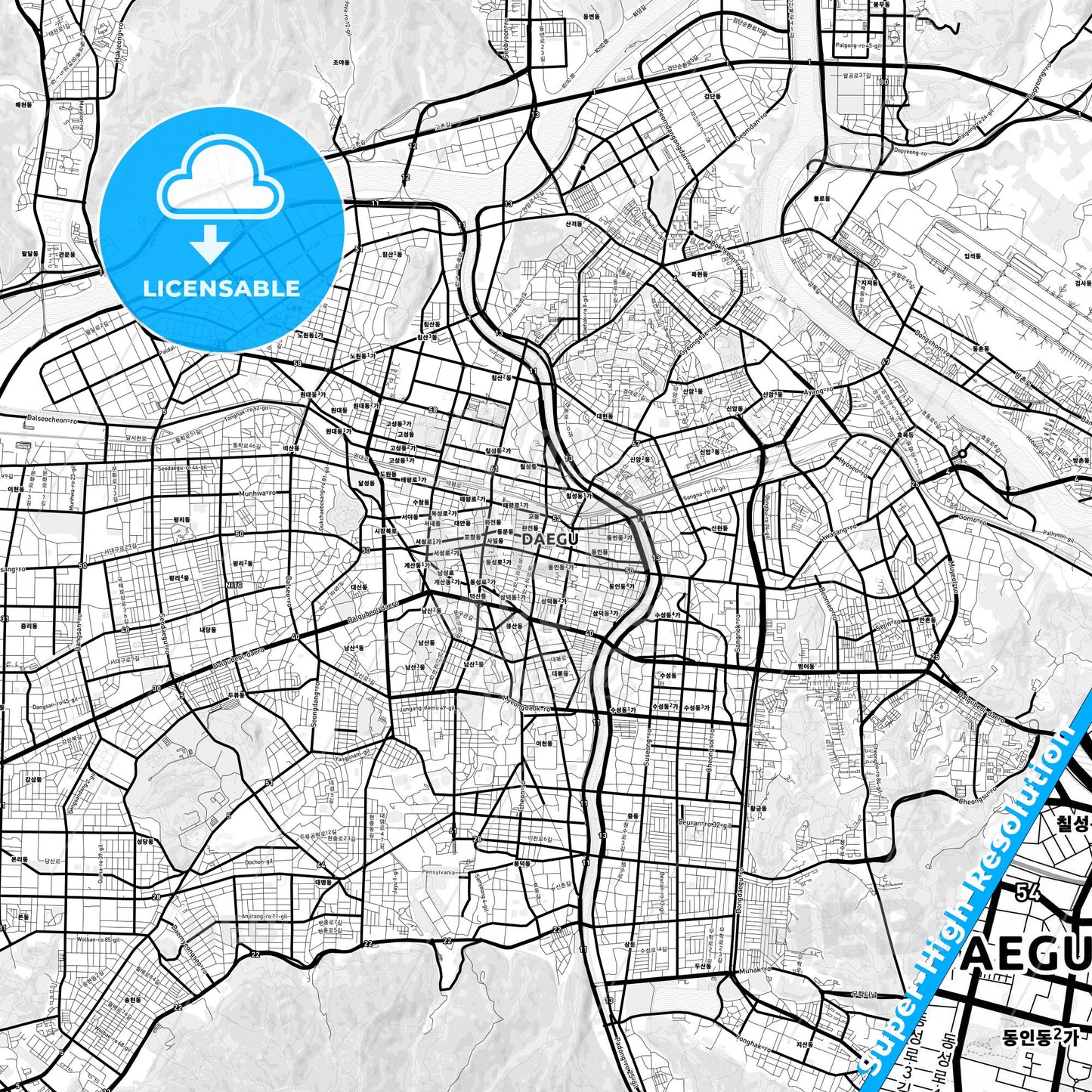 Daegu, South Korea Light Map with Street Names, City Names, and Districts