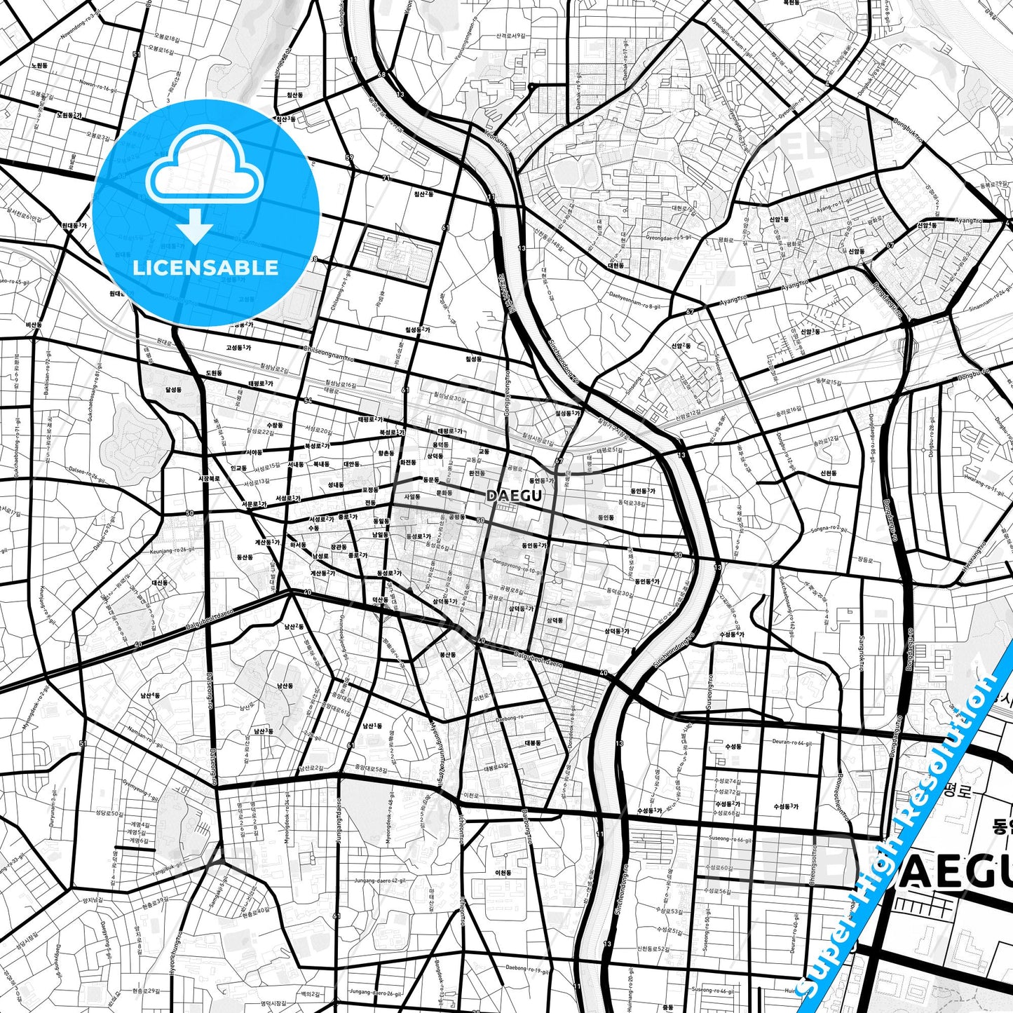 Daegu, South Korea Light Map with Street Names, City Names, and Districts