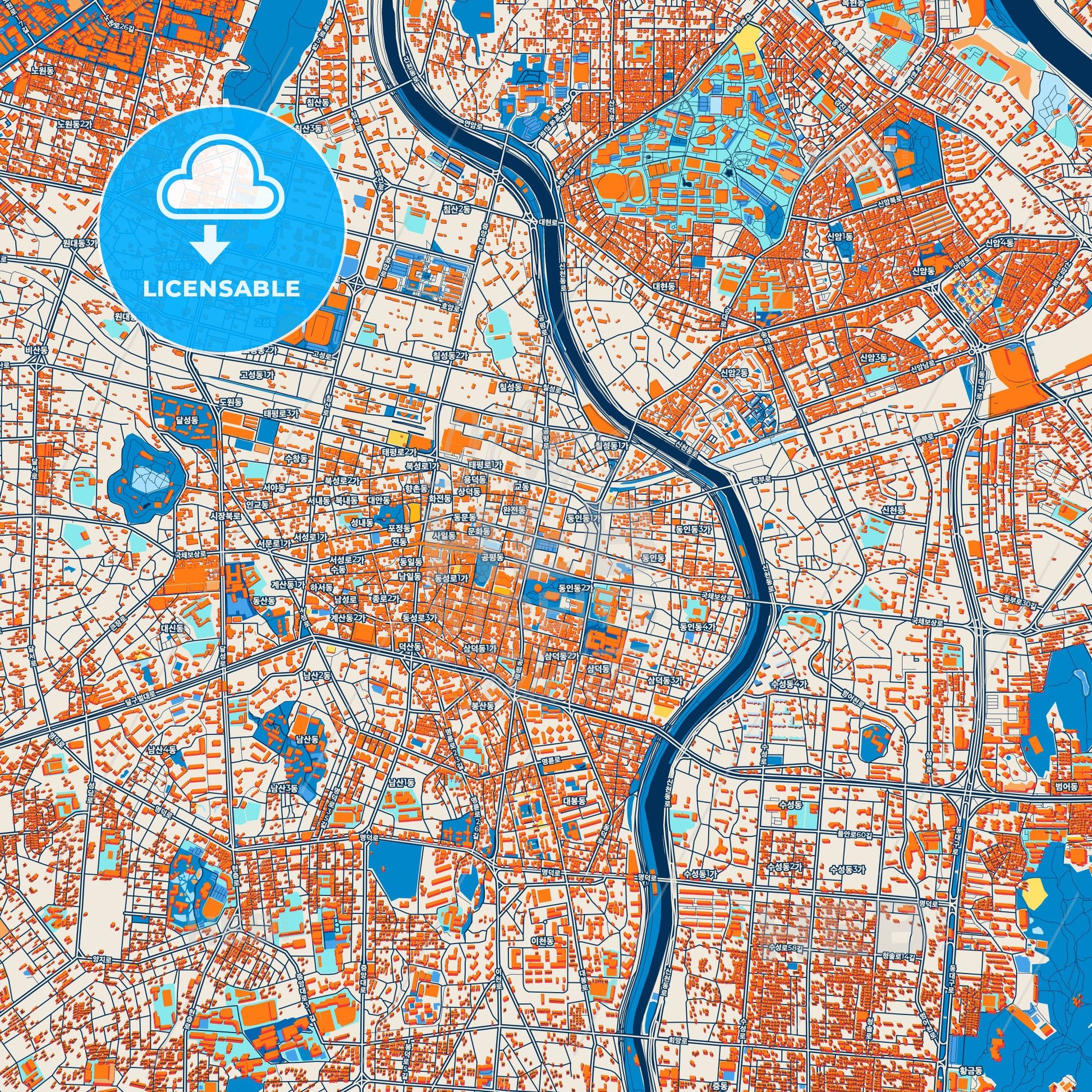 Colorful Daegu Street Map with Labels and Buildings