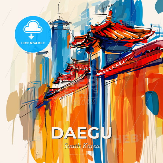 Vibrant Daegu, South Korea - A Painting Of A Building With Red And Blue Roofs - Square format print template
