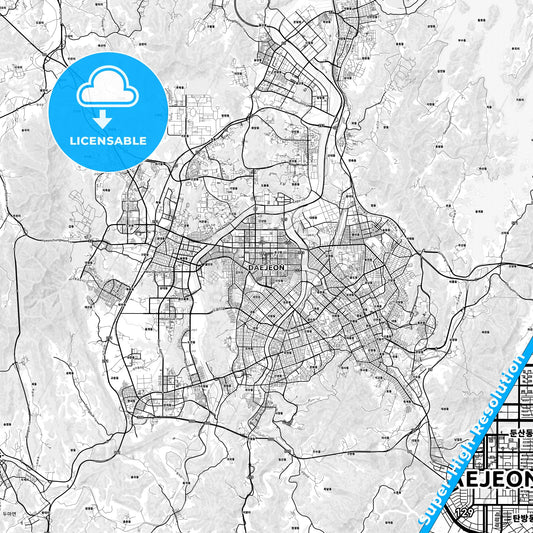 Daejeon, South Korea light map with streetnames, citynames and districts