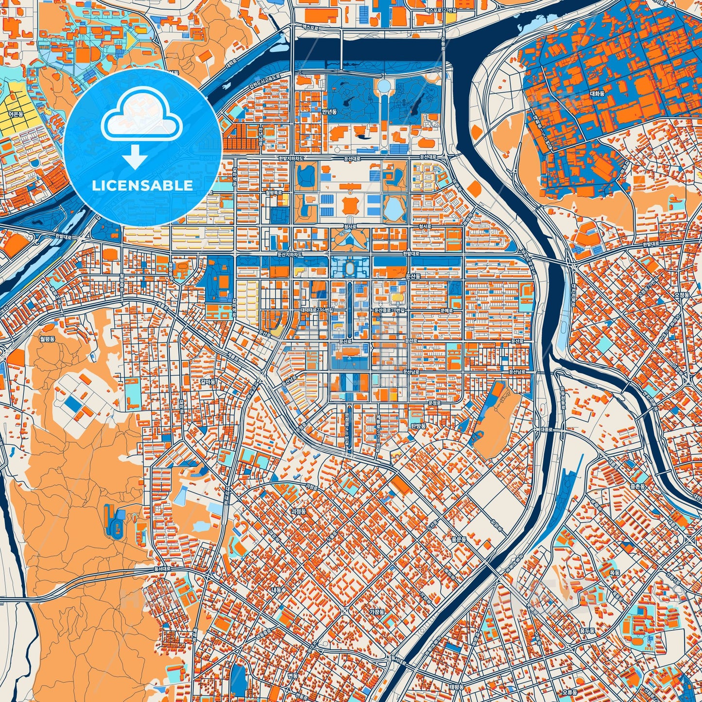 Colorful Daejeon Street Map with Labels and Buildings