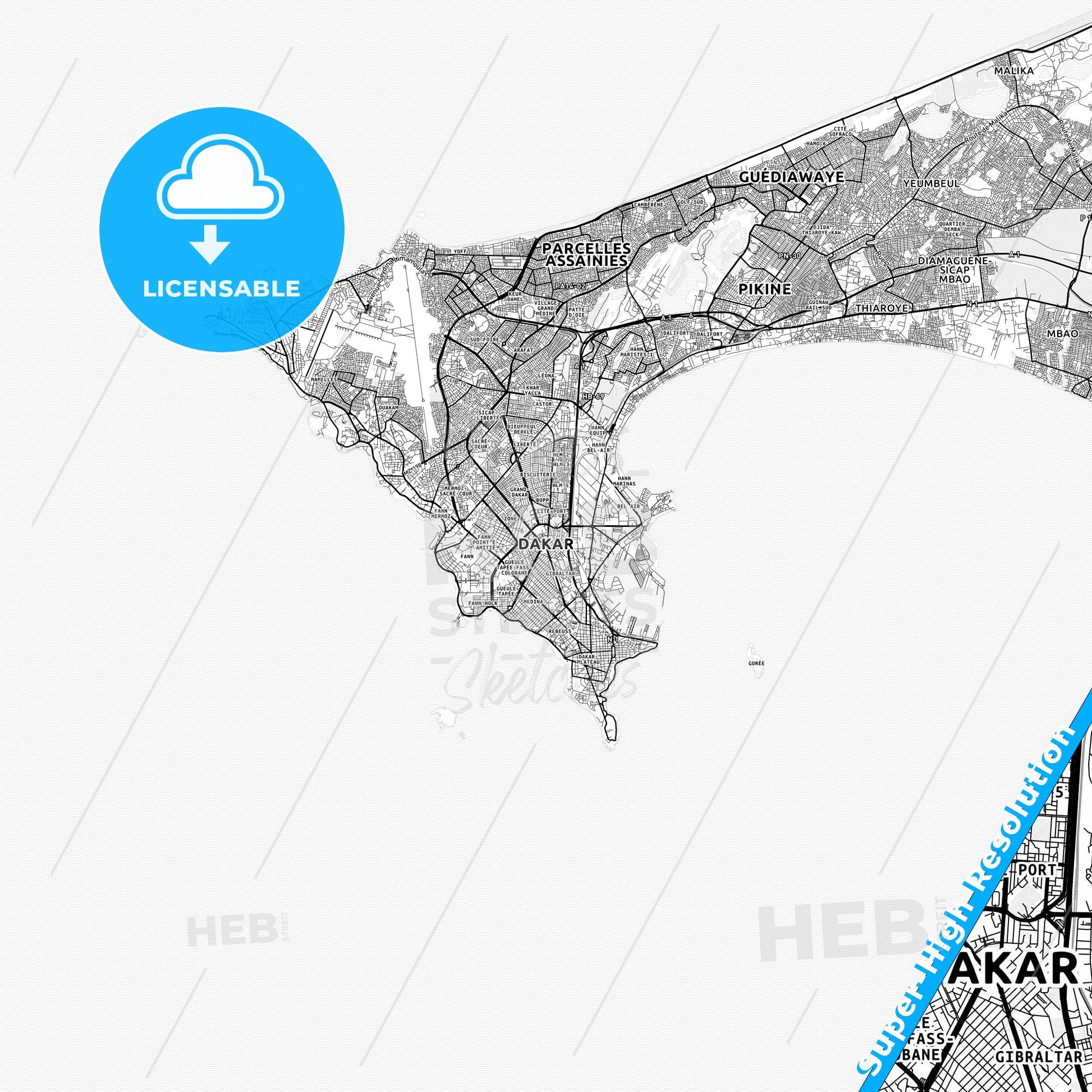 Dakar, Senegal light map with streetnames, citynames and districts