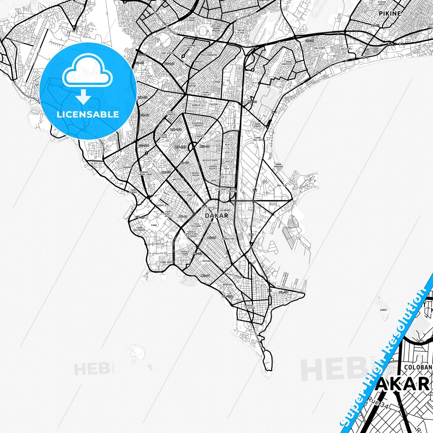 Dakar, Senegal Light Map with Street Names, City Names, and Districts