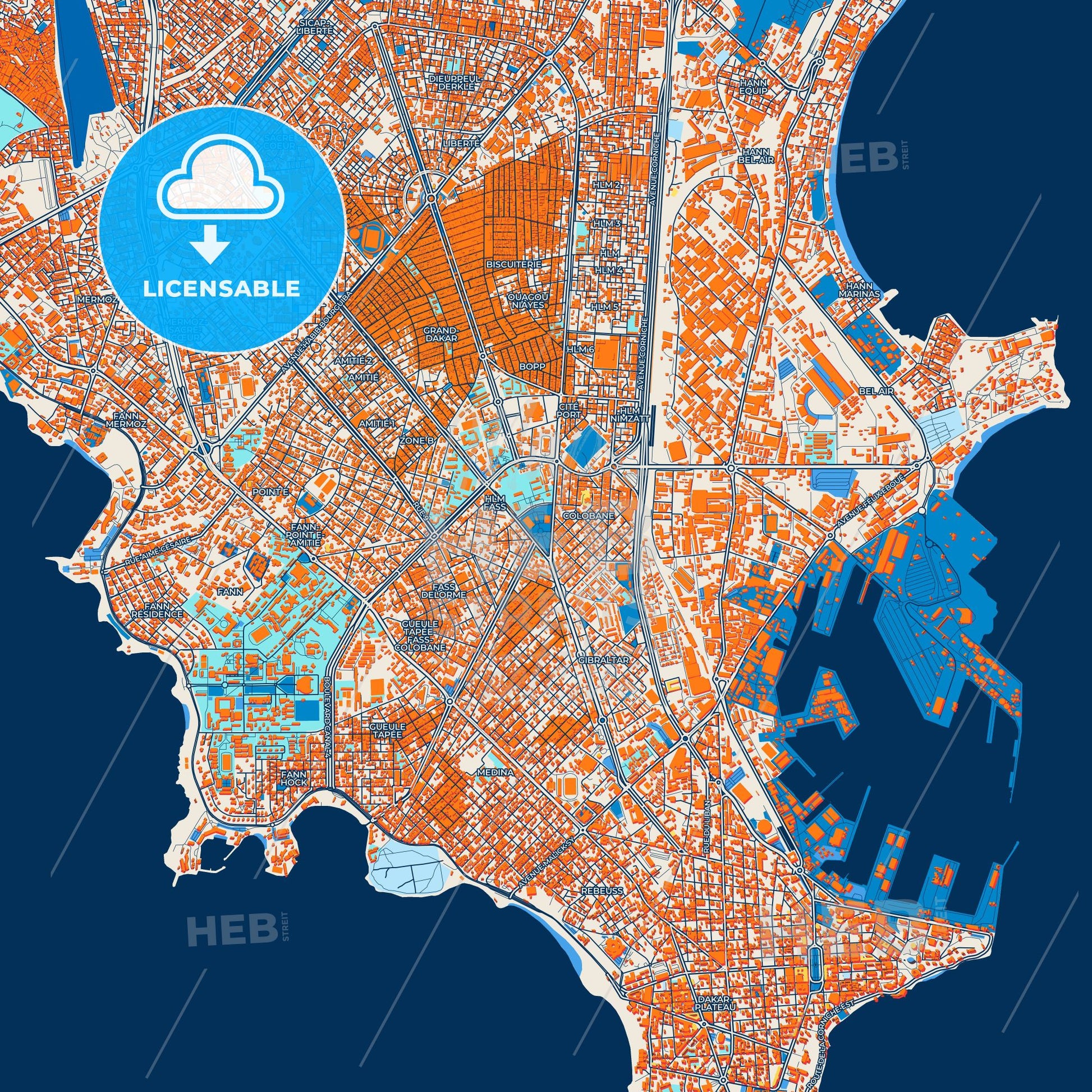 Colorful Dakar Street Map with Labels and Buildings