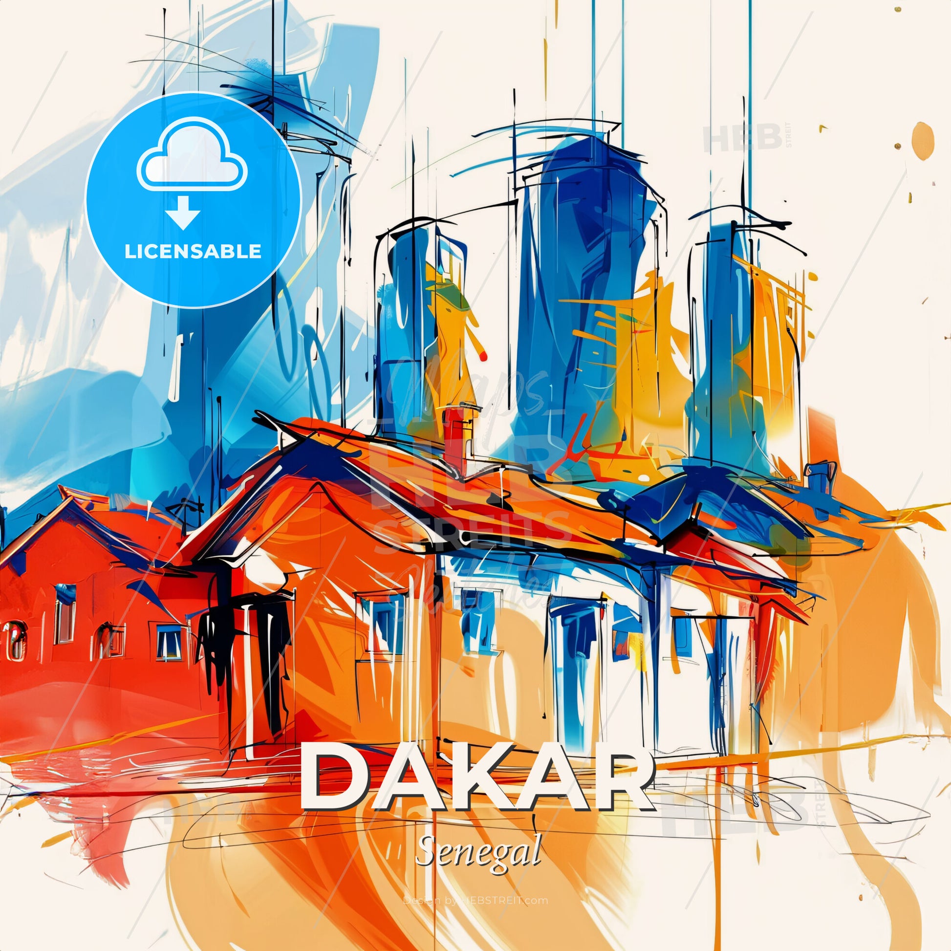 Vibrant Dakar, Senegal - A Painting Of A Building With Tall Buildings In The Background - Square format print template