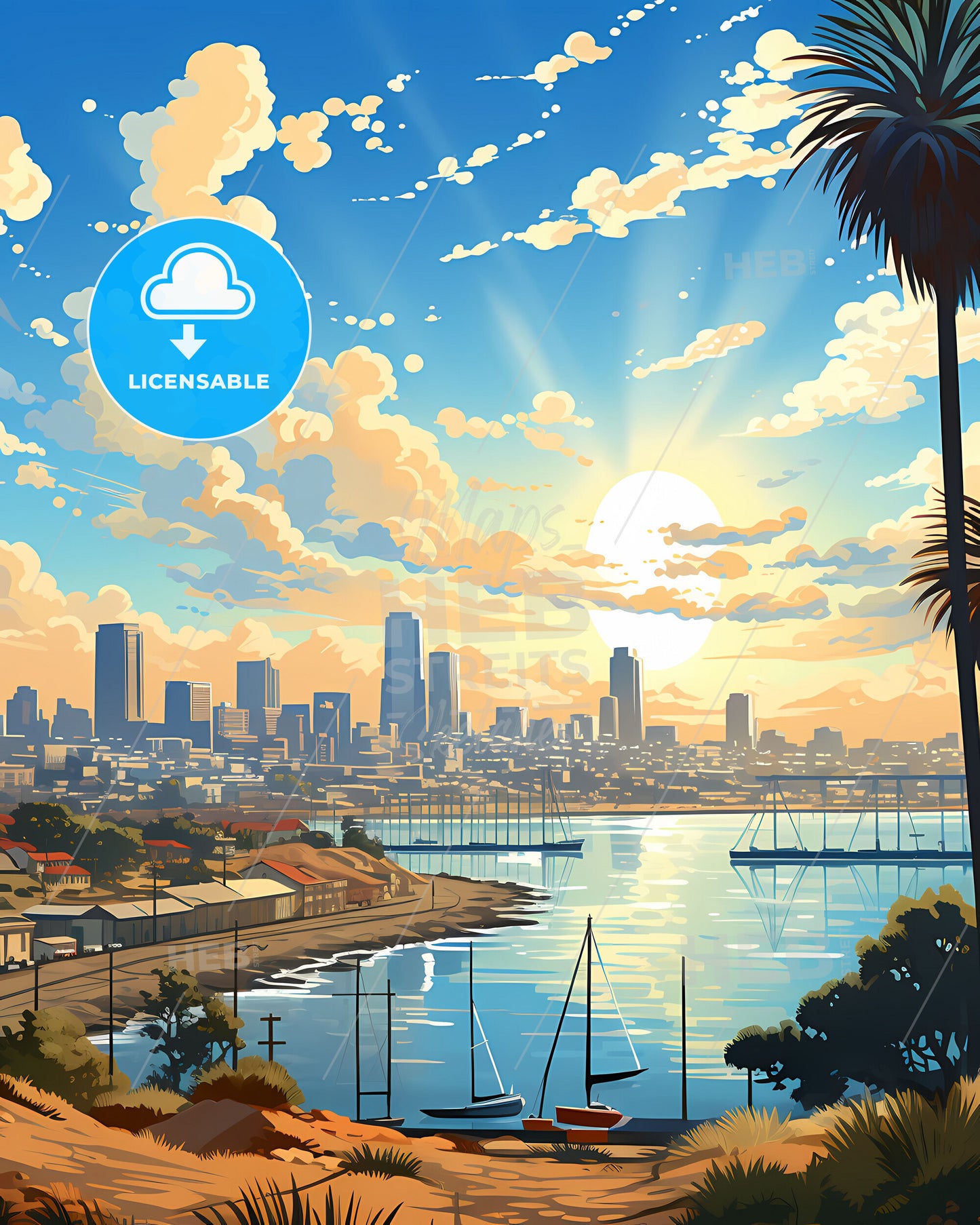 Abstract painting of Dakar cityscape skyline with boats and water by the port