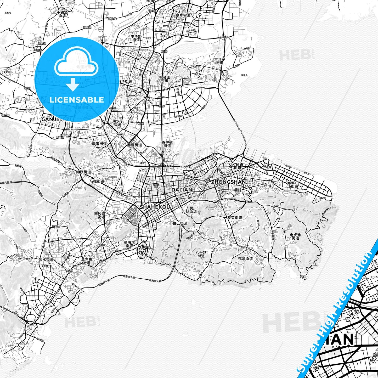 Dalian, China light map with streetnames, citynames and districts