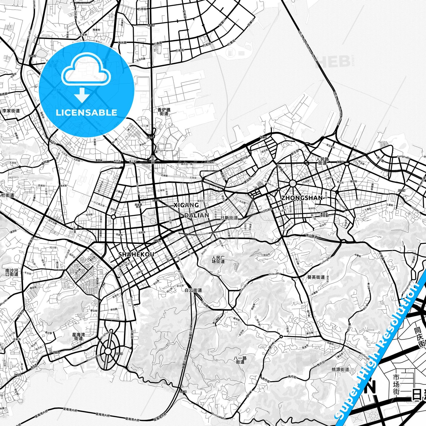 Dalian, China Light Map with Street Names, City Names, and Districts