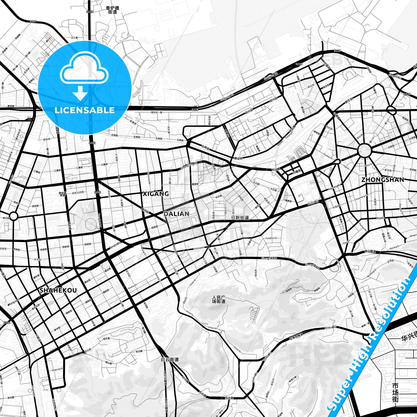 Dalian, China Light Map with Street Names, City Names, and Districts
