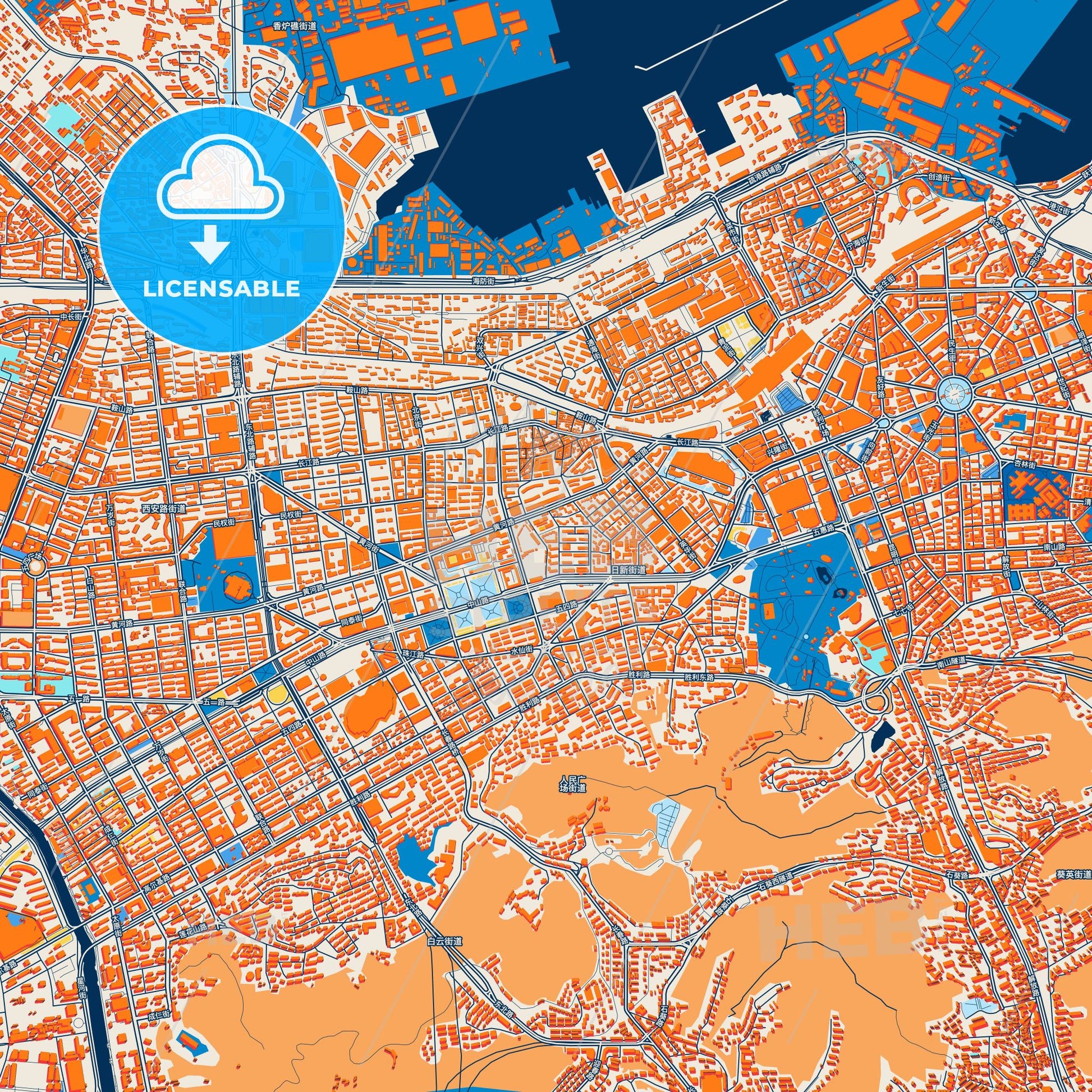 Colorful Dalian Street Map with Labels and Buildings