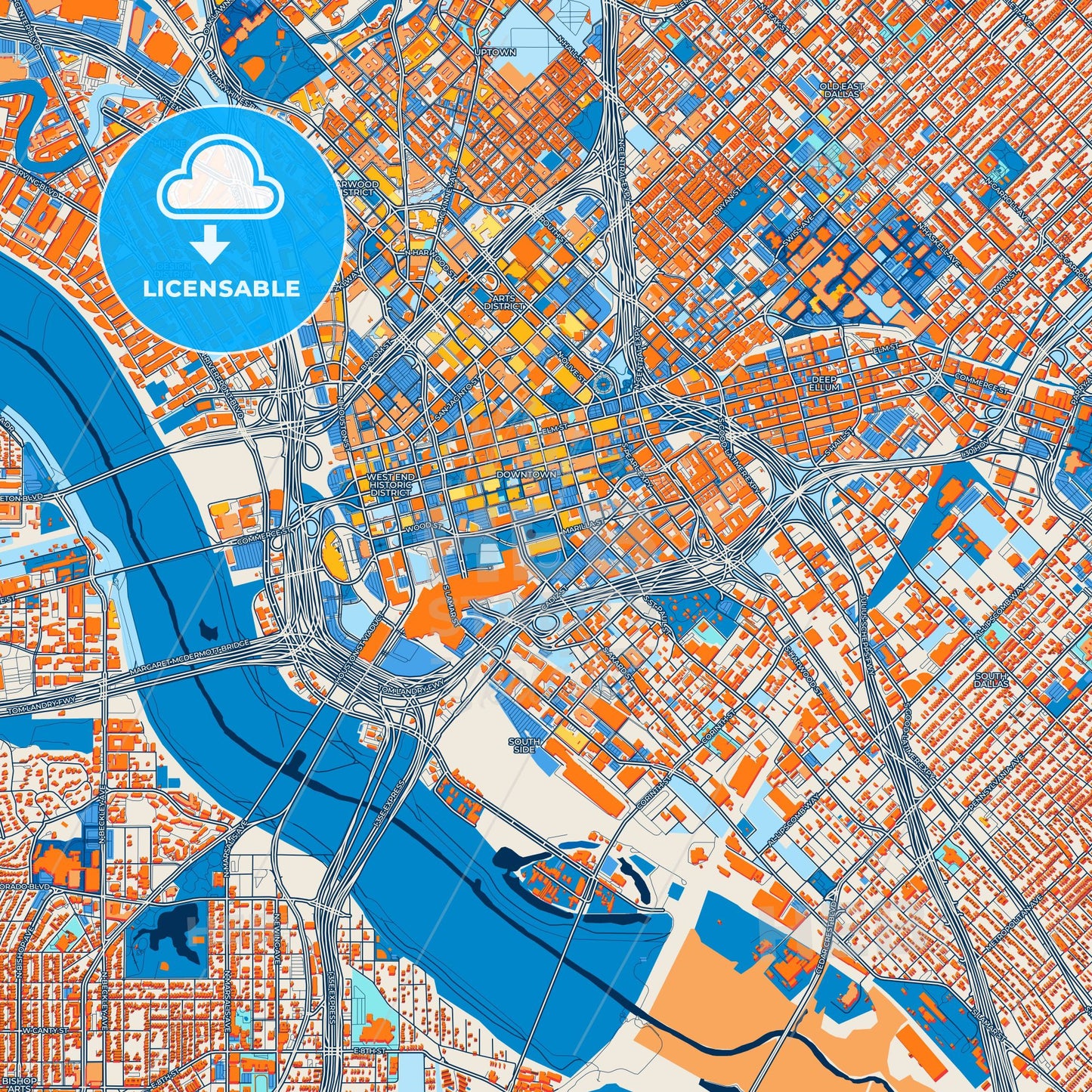 Colorful Dallas Street Map with Labels and Buildings