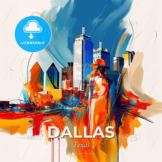 Vibrant Dallas, Texas - A Woman In A Hat And Dress In Front Of A City - Square format print template