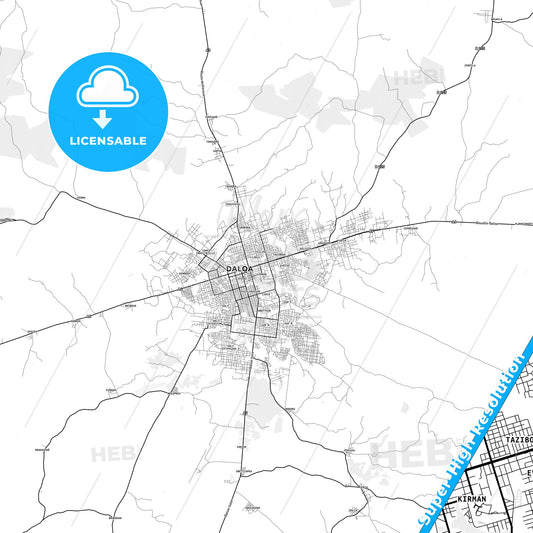 Daloa, Ivory Coast light map with streetnames, citynames and districts
