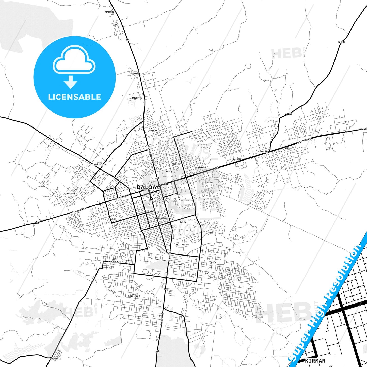 Daloa, Ivory Coast Light Map with Street Names, City Names, and Districts