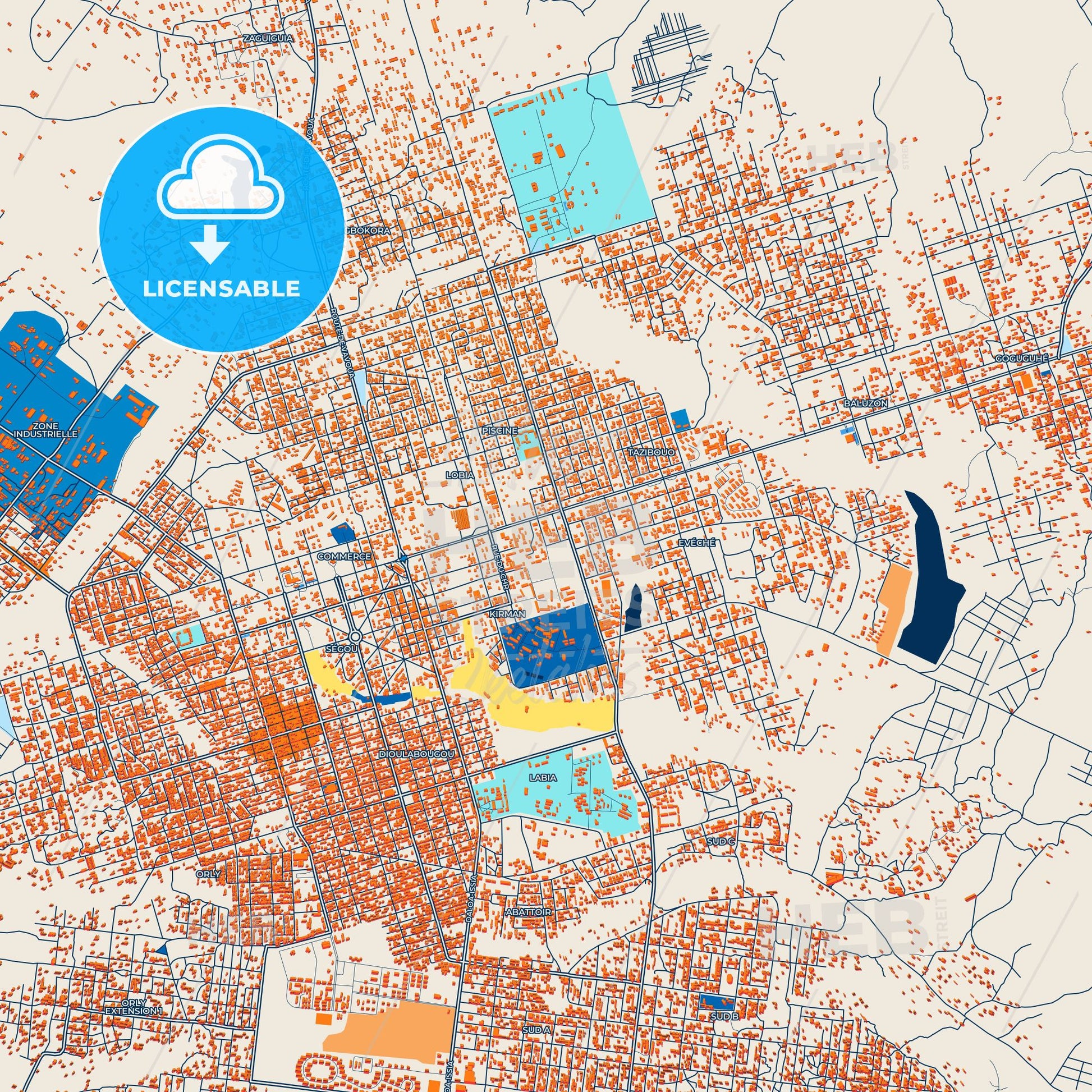 Colorful Daloa Street Map with Labels and Buildings