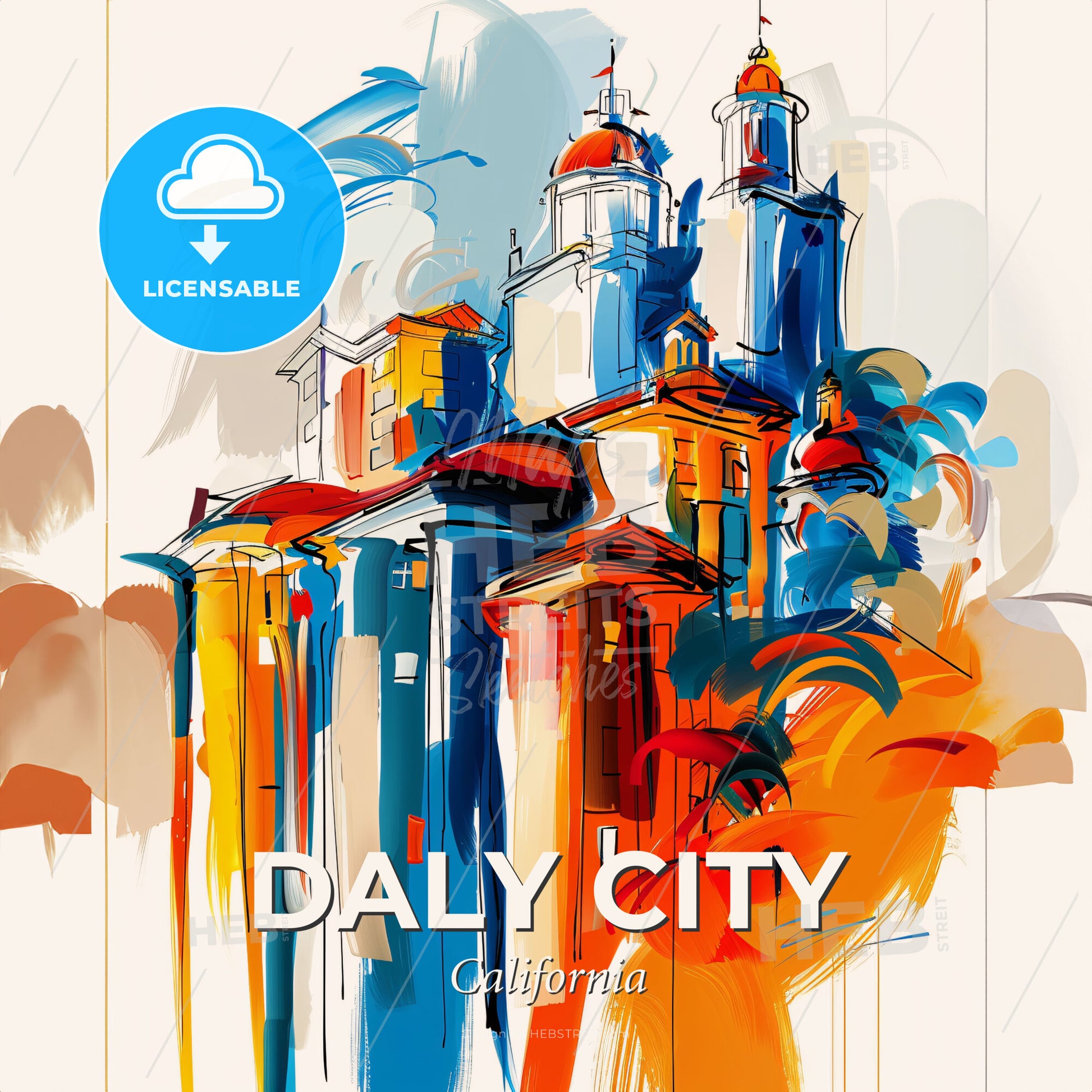 Vibrant Daly City, California - A Painting Of A Building With Towers And Domes - Square format print template