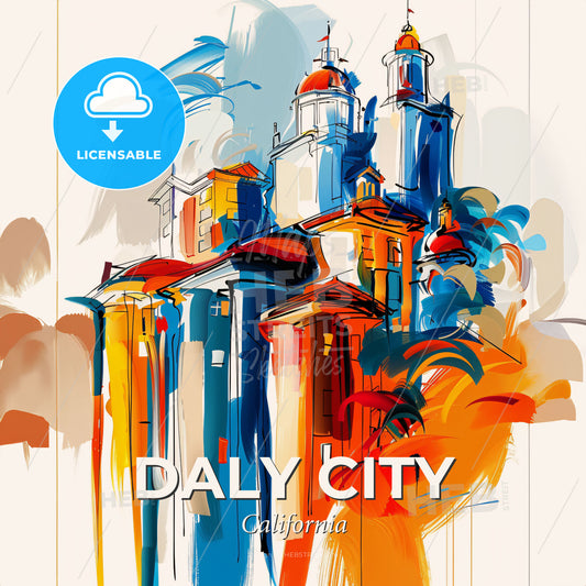 Vibrant Daly City, California - A Painting Of A Building With Towers And Domes - Square format print template