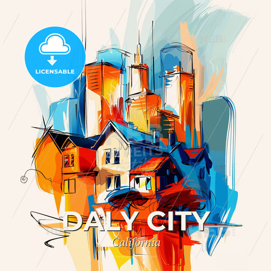 Vibrant Daly City, California - A Drawing Of A City - Square format print template