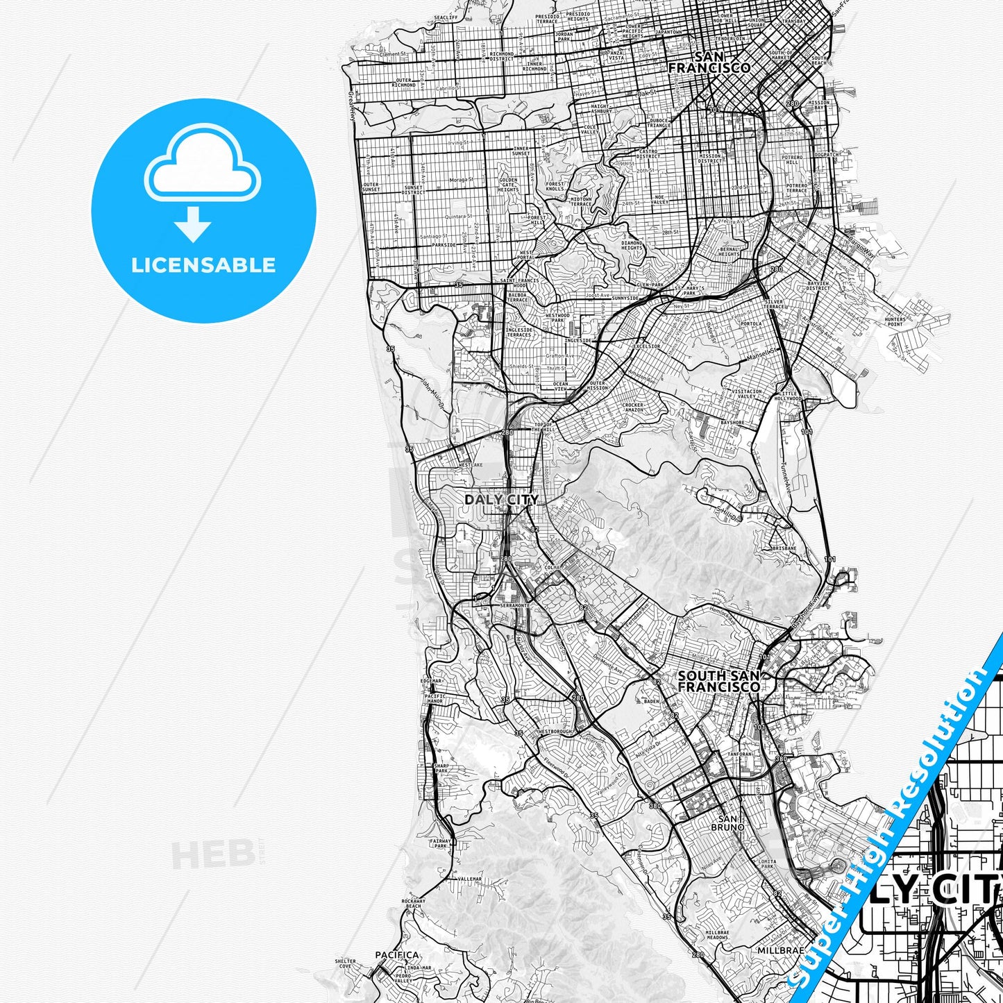 Daly City, California light map with streetnames, citynames and districts