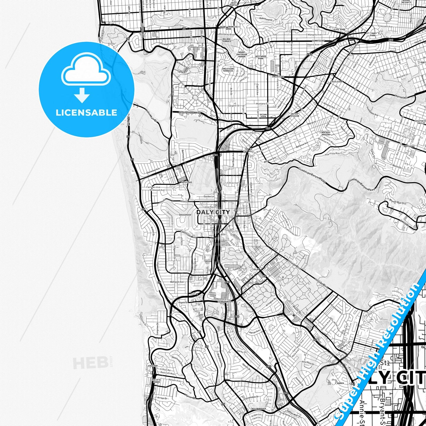 Daly City, California Light Map with Street Names, City Names, and Districts