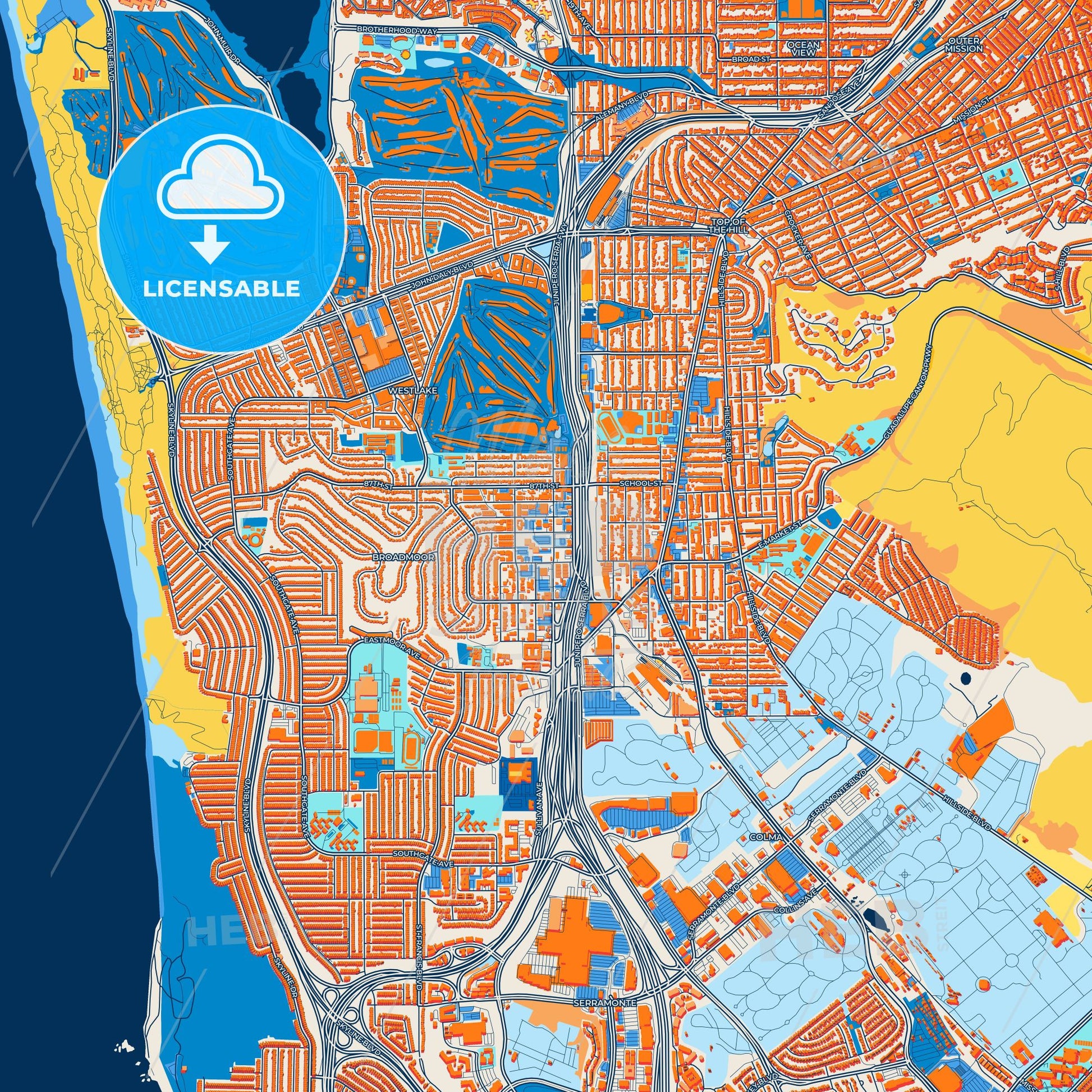 Colorful Daly City Street Map with Labels and Buildings