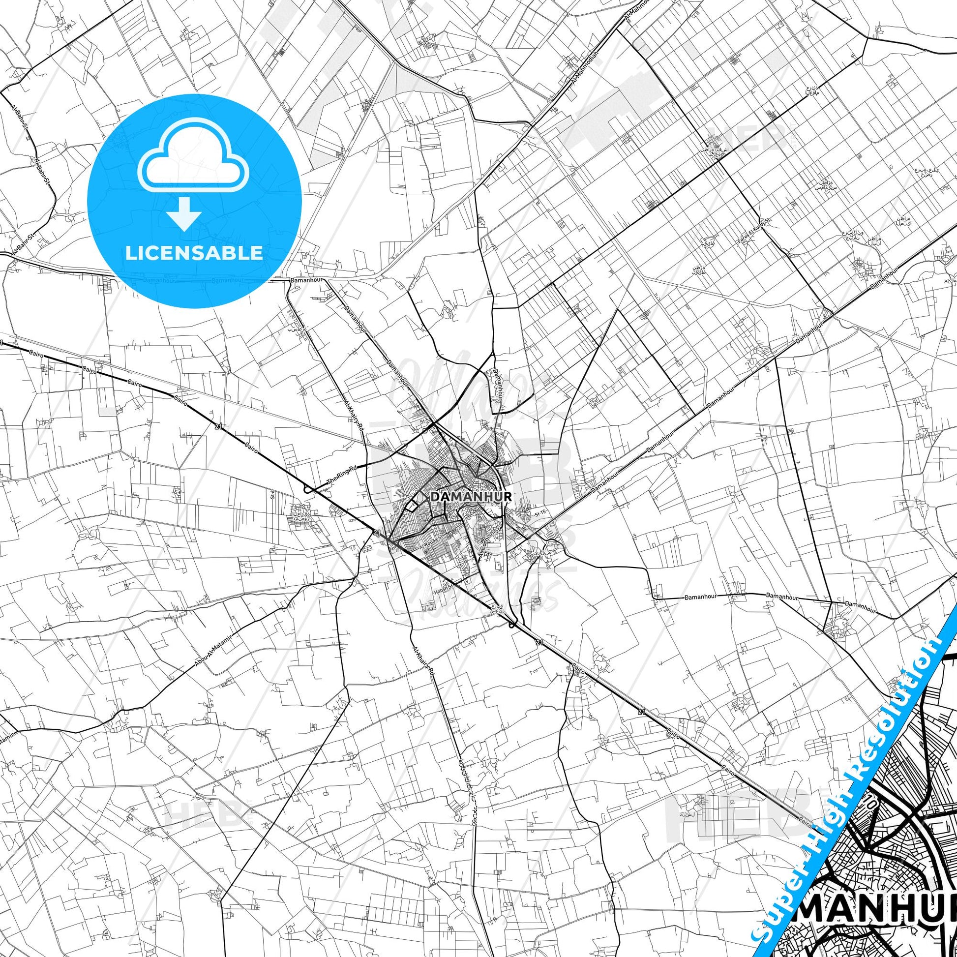 Damanhur, Egypt light map with streetnames, citynames and districts