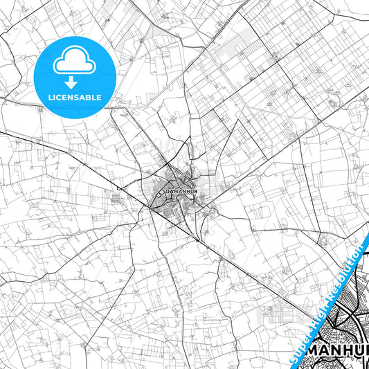Damanhur, Egypt light map with streetnames, citynames and districts