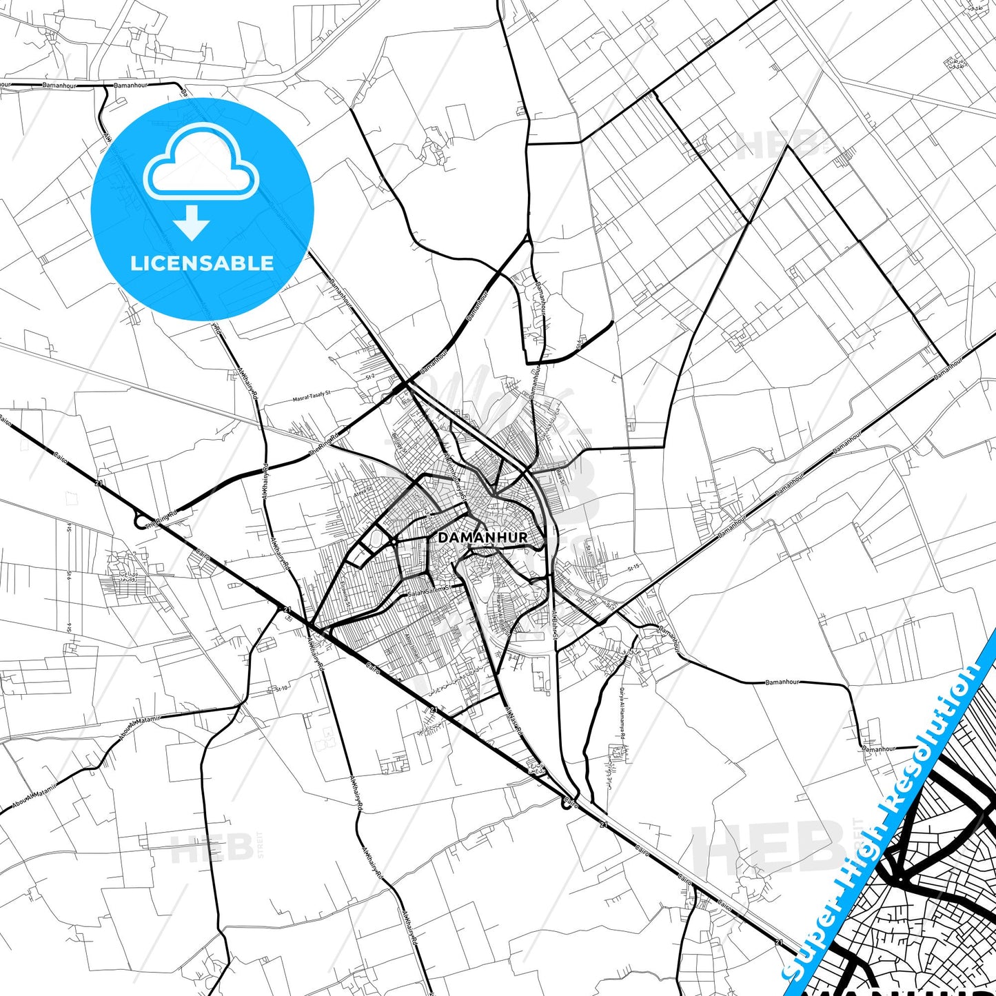 Damanhur, Egypt Light Map with Street Names, City Names, and Districts