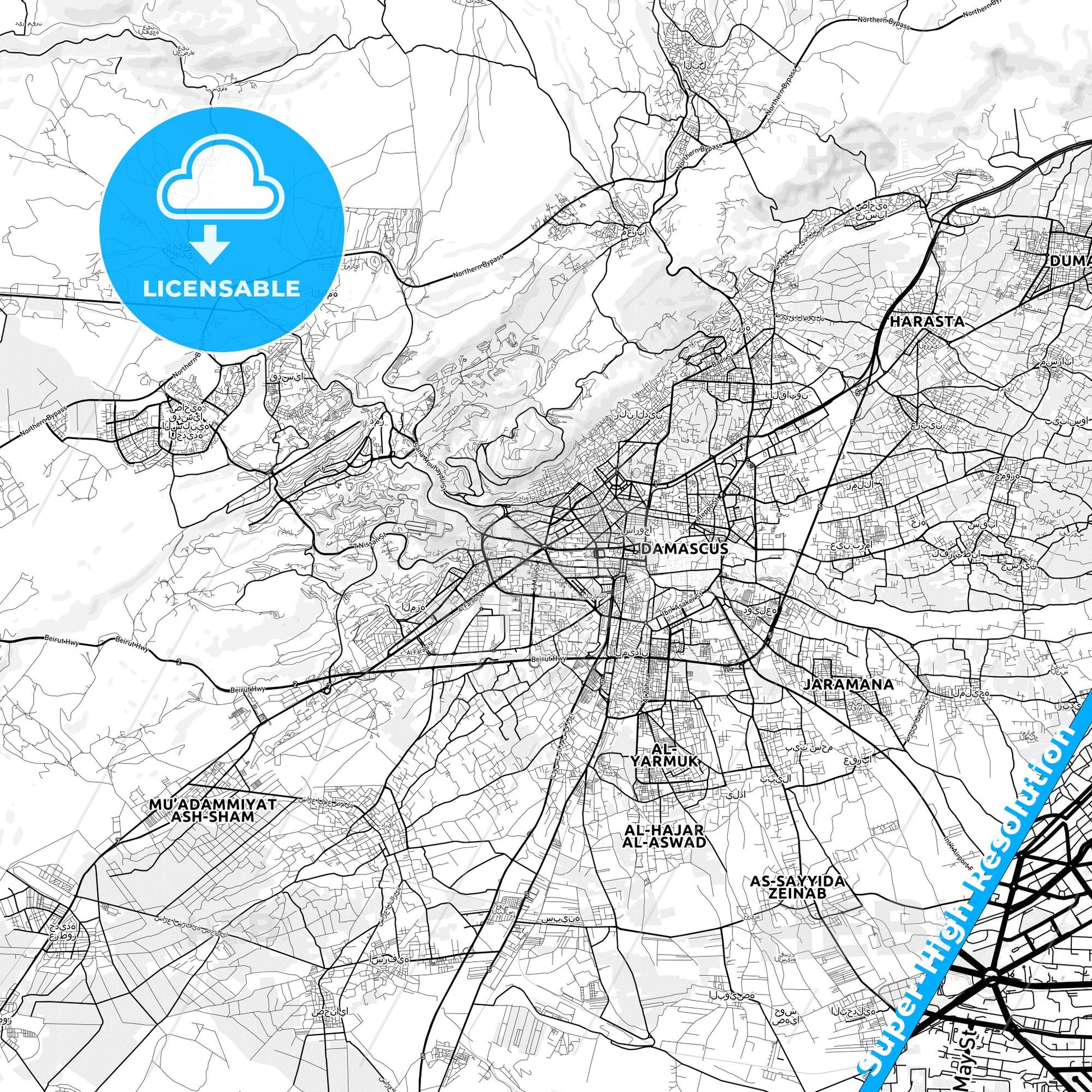 Damascus, Syria light map with streetnames, citynames and districts