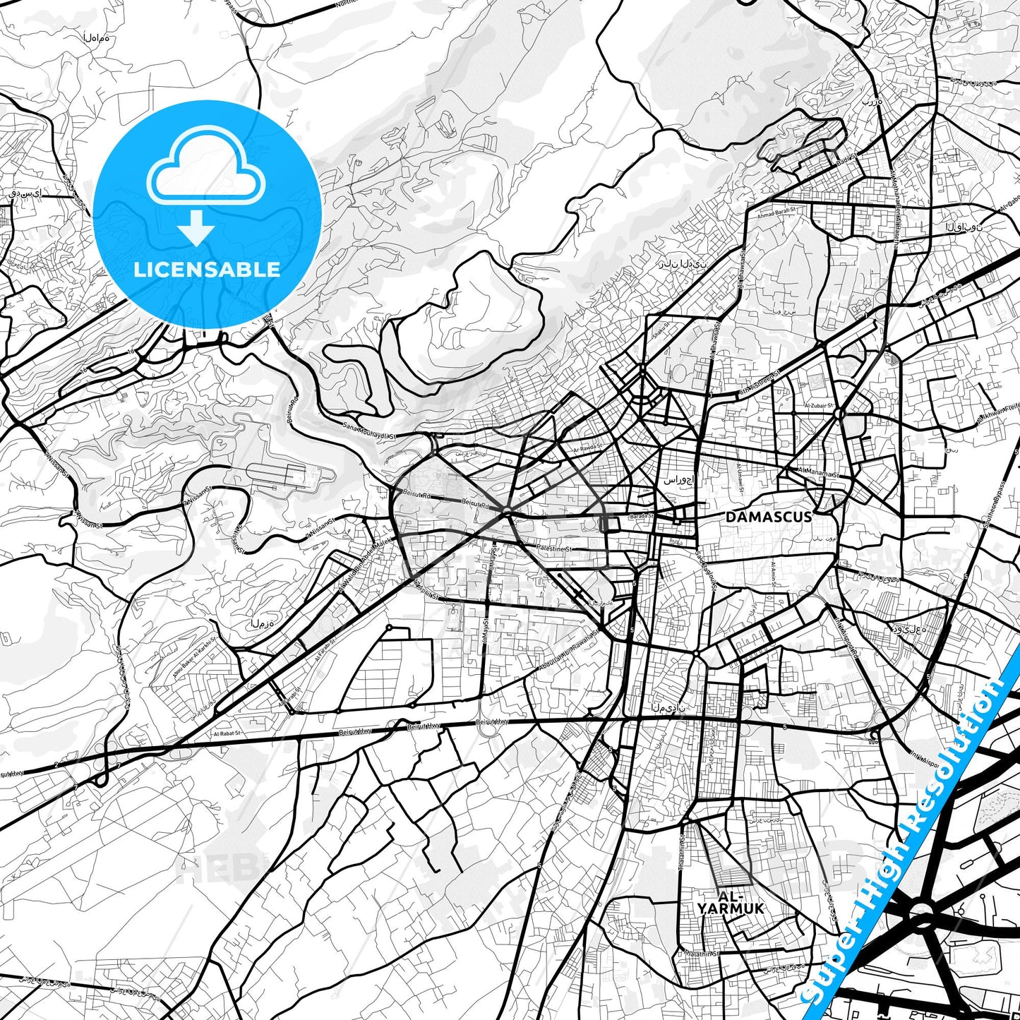 Damascus, Syria Light Map with Street Names, City Names, and Districts