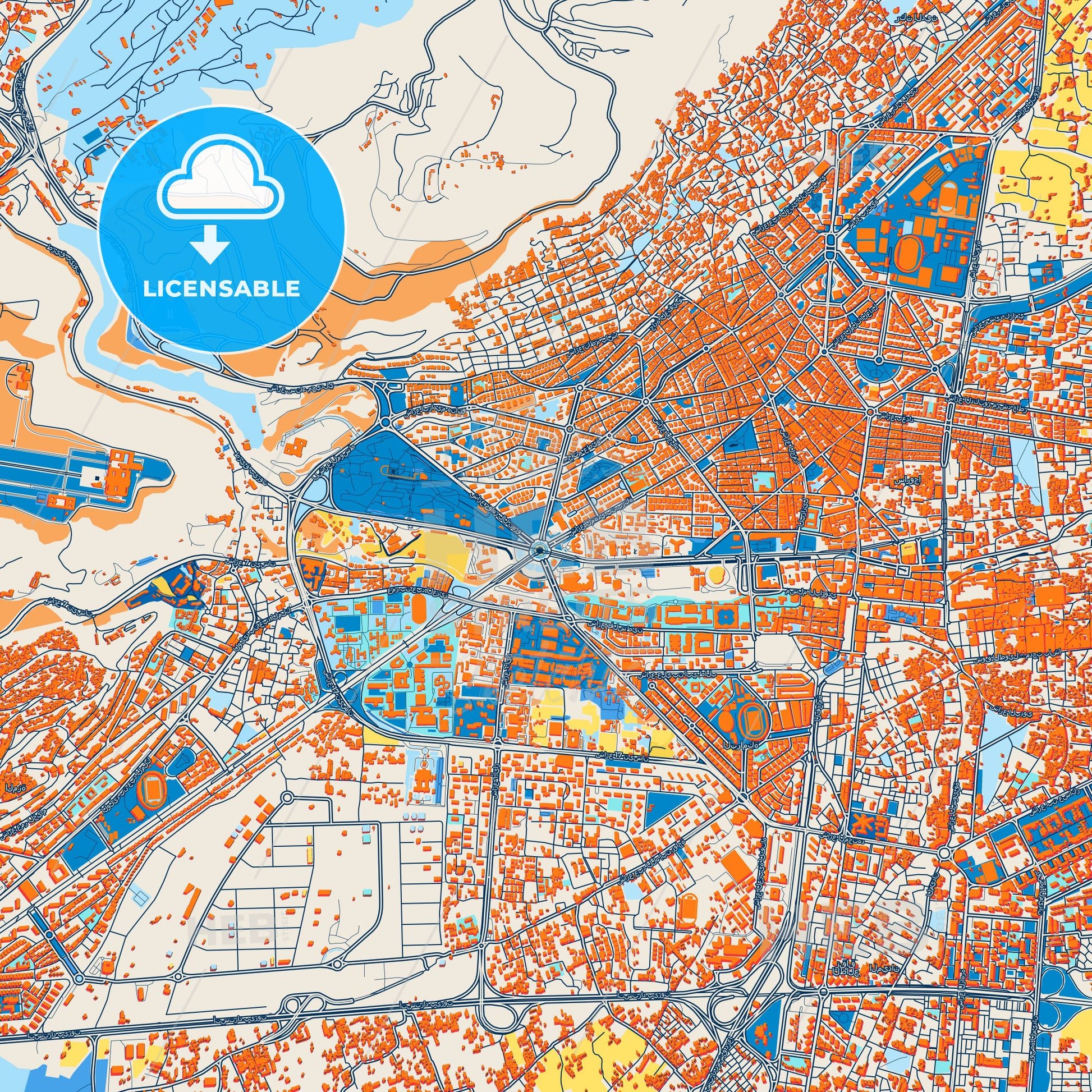 Colorful Damascus Street Map with Labels and Buildings