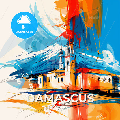 Vibrant Damascus, Syria - A Painting Of A Building With A Steeple And A Mountain In The Background - Square format print template