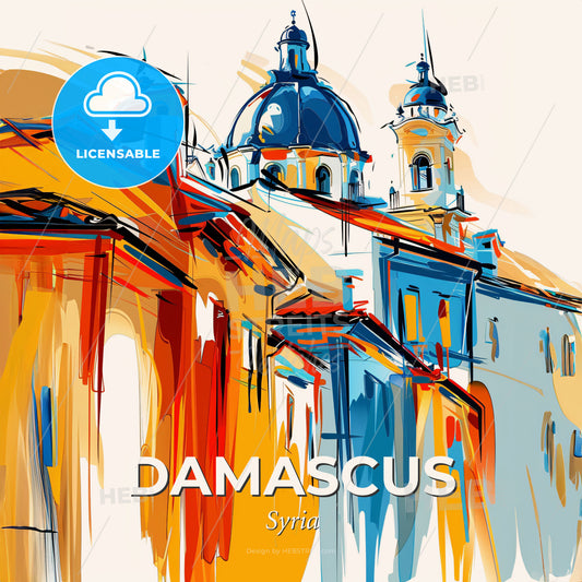 Vibrant Damascus, Syria - A Painting Of A Building With A Dome And Towers - Square format print template