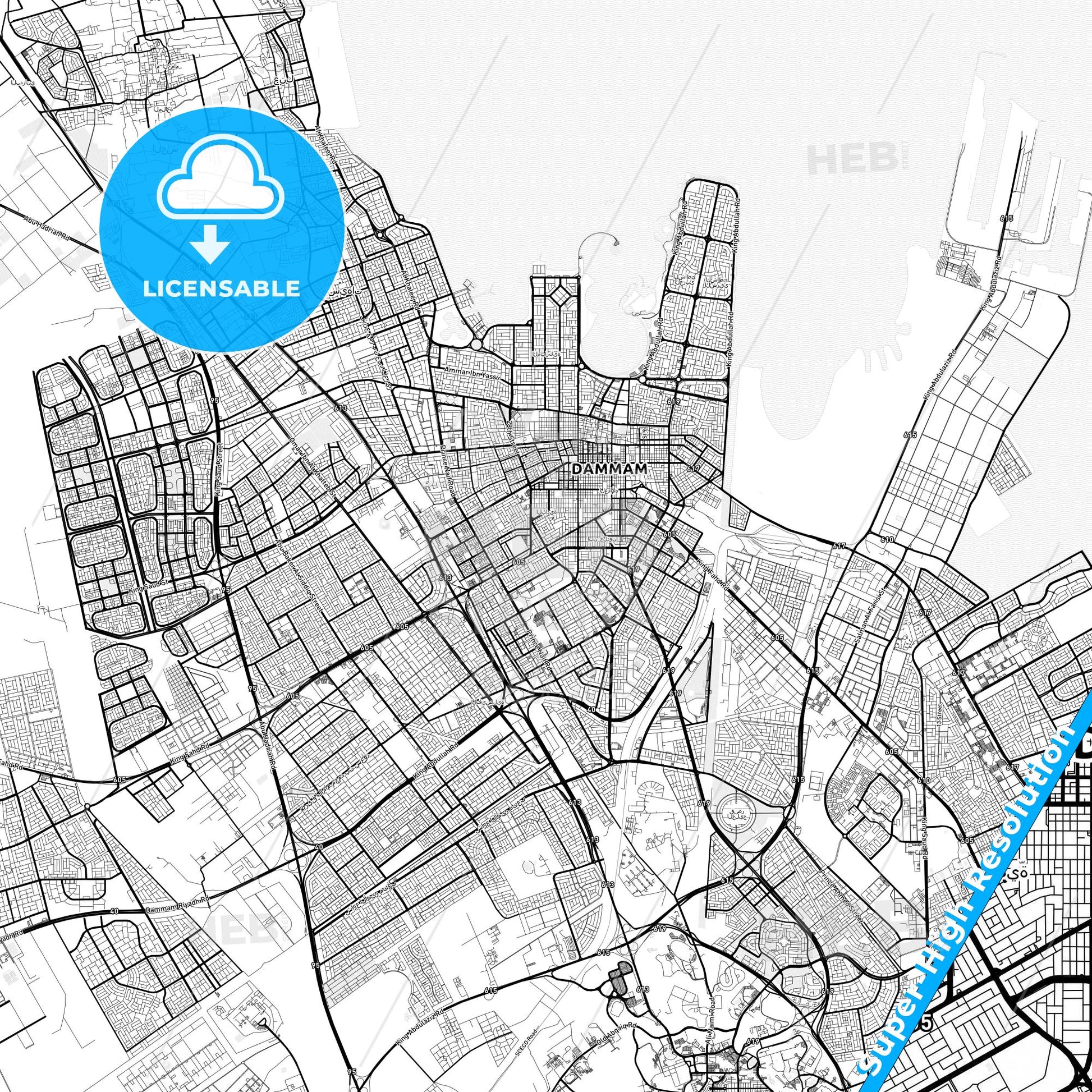Dammam, Saudi Arabia light map with streetnames, citynames and districts