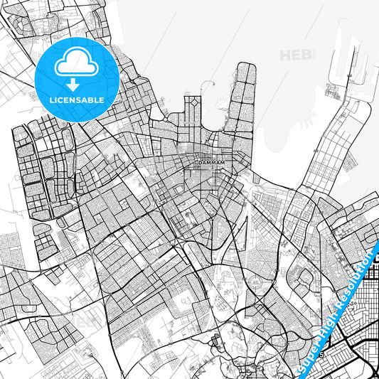 Dammam, Saudi Arabia light map with streetnames, citynames and districts