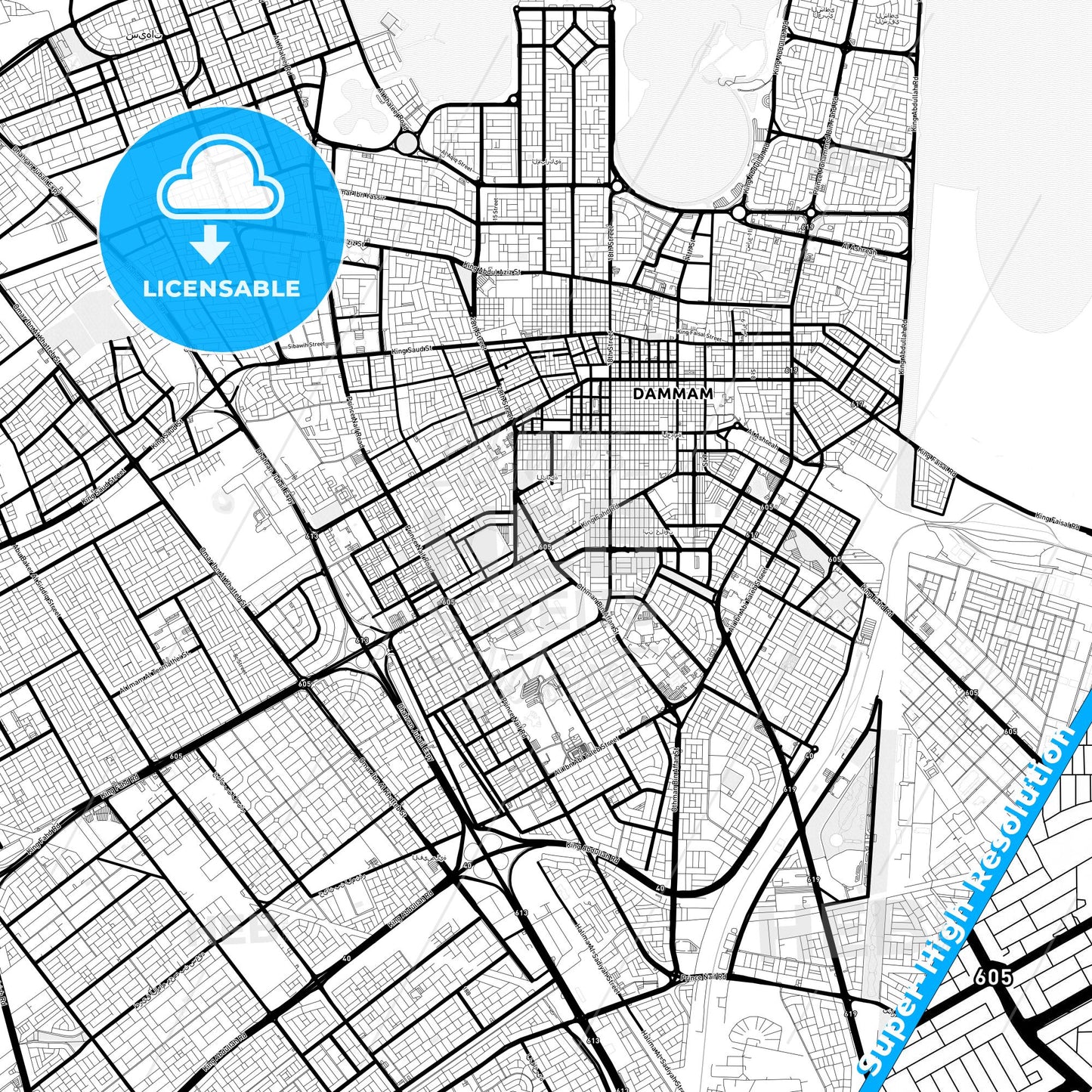Dammam, Saudi Arabia Light Map with Street Names, City Names, and Districts