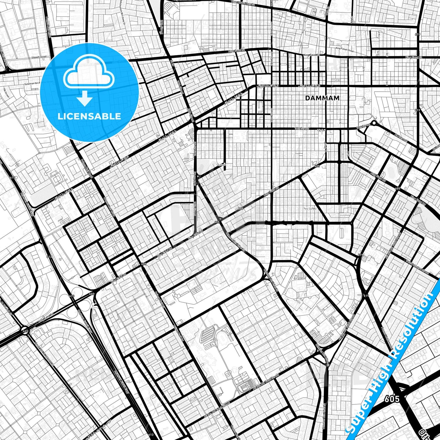 Dammam, Saudi Arabia Light Map with Street Names, City Names, and Districts