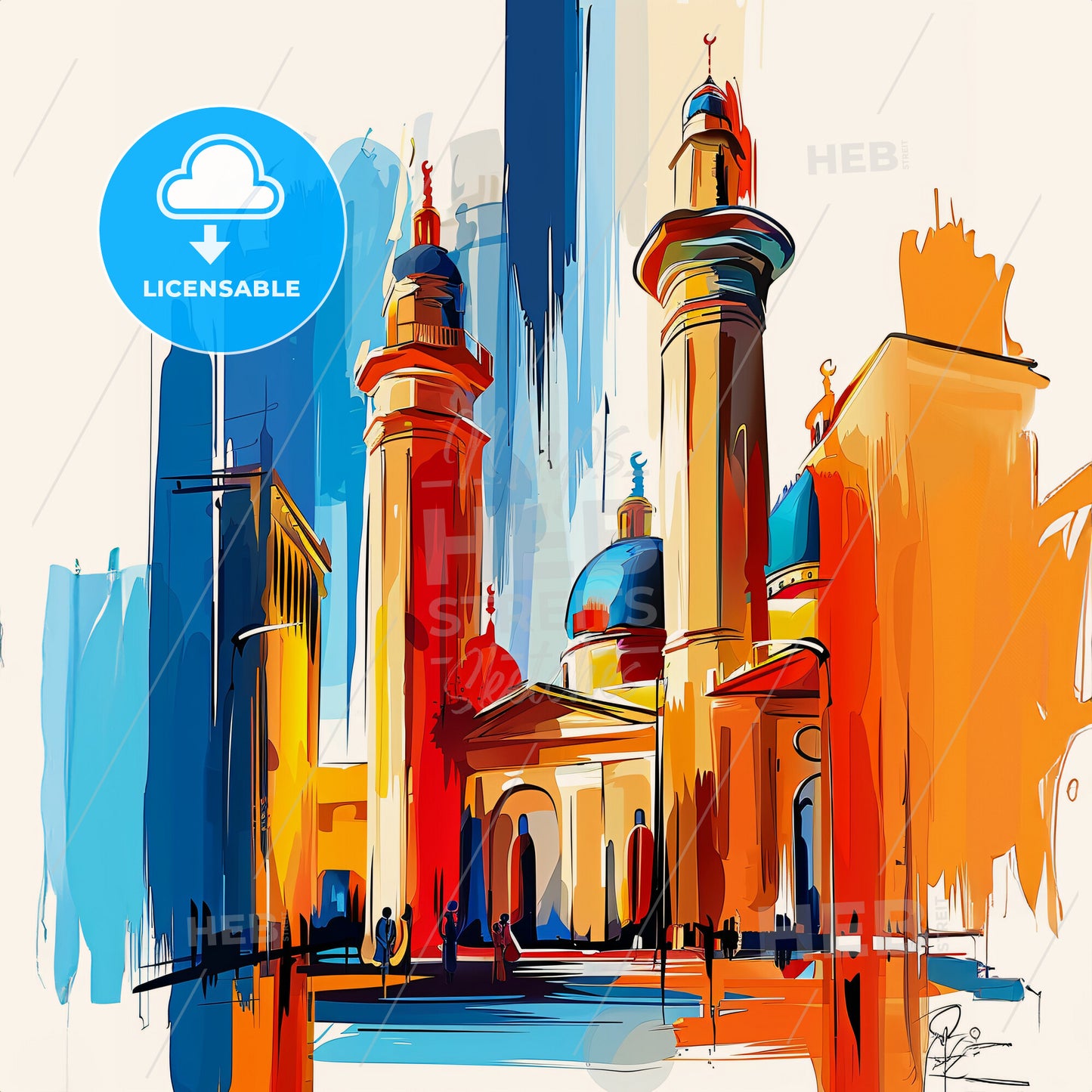 Vibrant Dammam, Saudi Arabia - A Painting Of A Building With Towers And Blue Domes