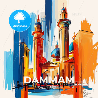 Vibrant Dammam, Saudi Arabia - A Painting Of A Building With Towers And Blue Domes - Square format print template